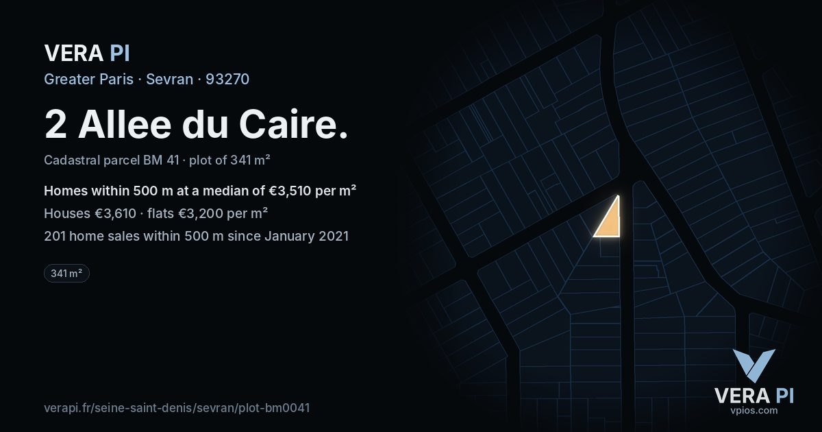 2 Allee du Caire, Sevran at night – the plot lit, the parcels around coloured by the prices near them