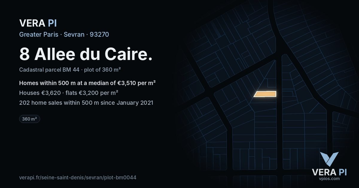 8 Allee du Caire, Sevran at night – the plot lit, the parcels around coloured by the prices near them