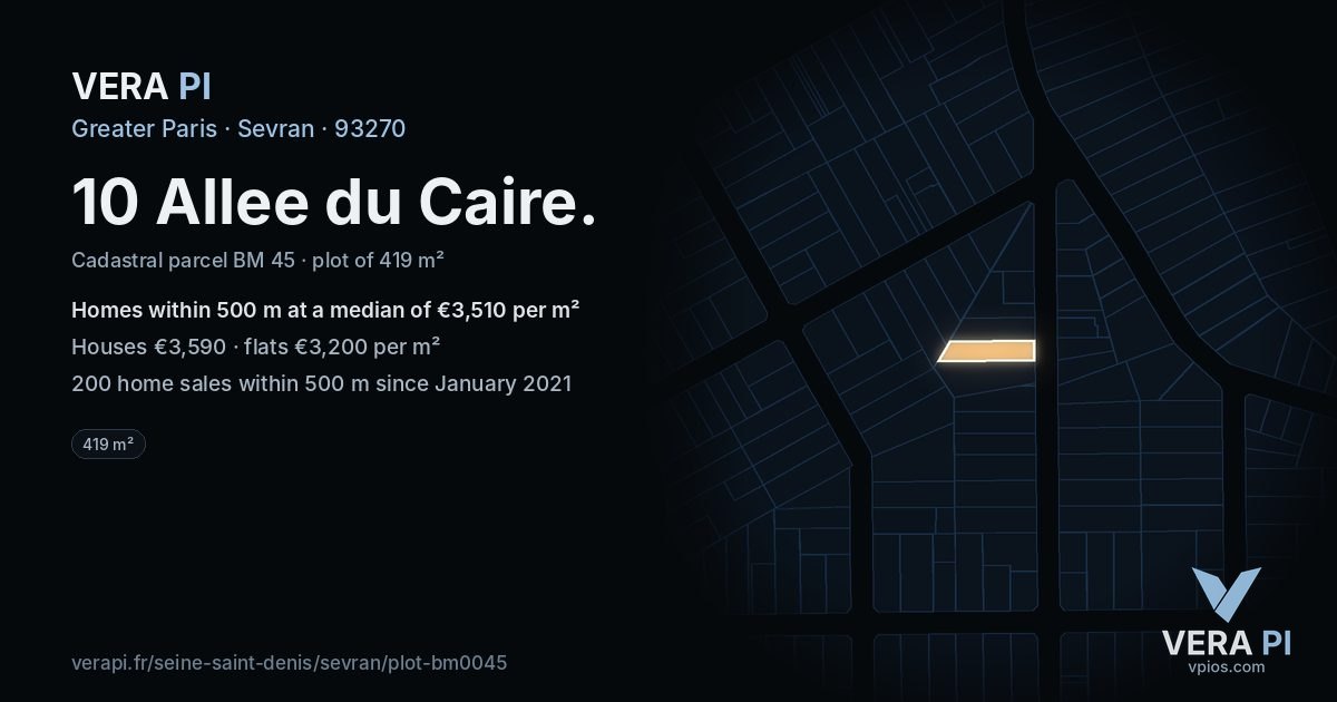 10 Allee du Caire, Sevran at night – the plot lit, the parcels around coloured by the prices near them