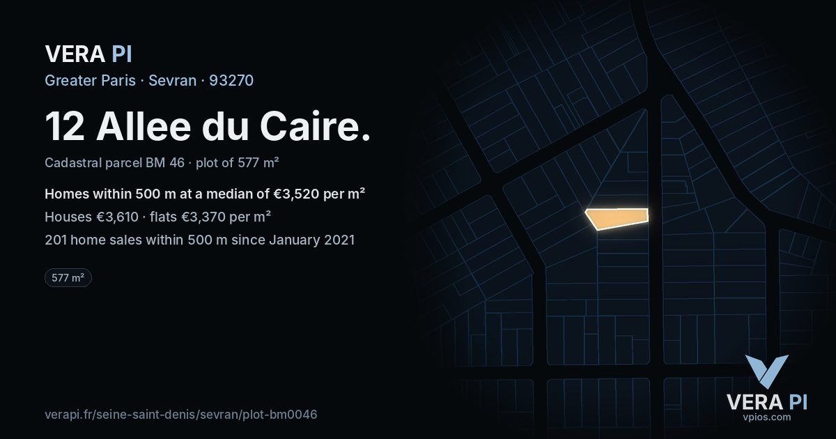 12 Allee du Caire, Sevran at night – the plot lit, the parcels around coloured by the prices near them