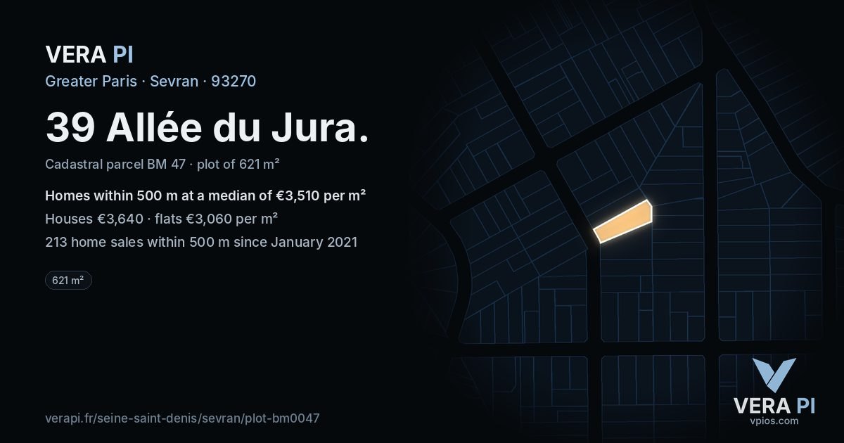 39 Allée du Jura, Sevran at night – the plot lit, the parcels around coloured by the prices near them