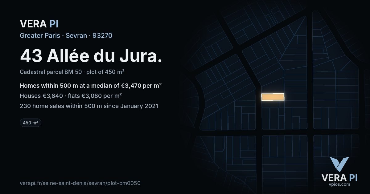 43 Allée du Jura, Sevran at night – the plot lit, the parcels around coloured by the prices near them
