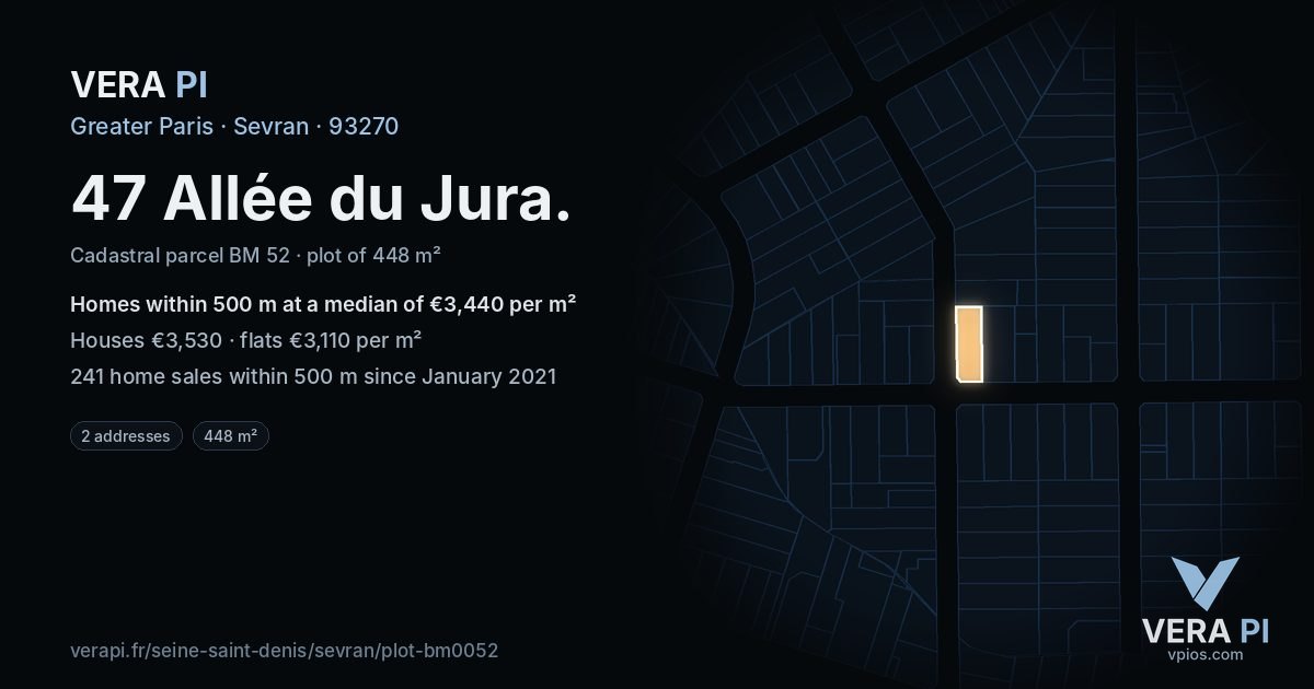 47 Allée du Jura, Sevran at night – the plot lit, the parcels around coloured by the prices near them