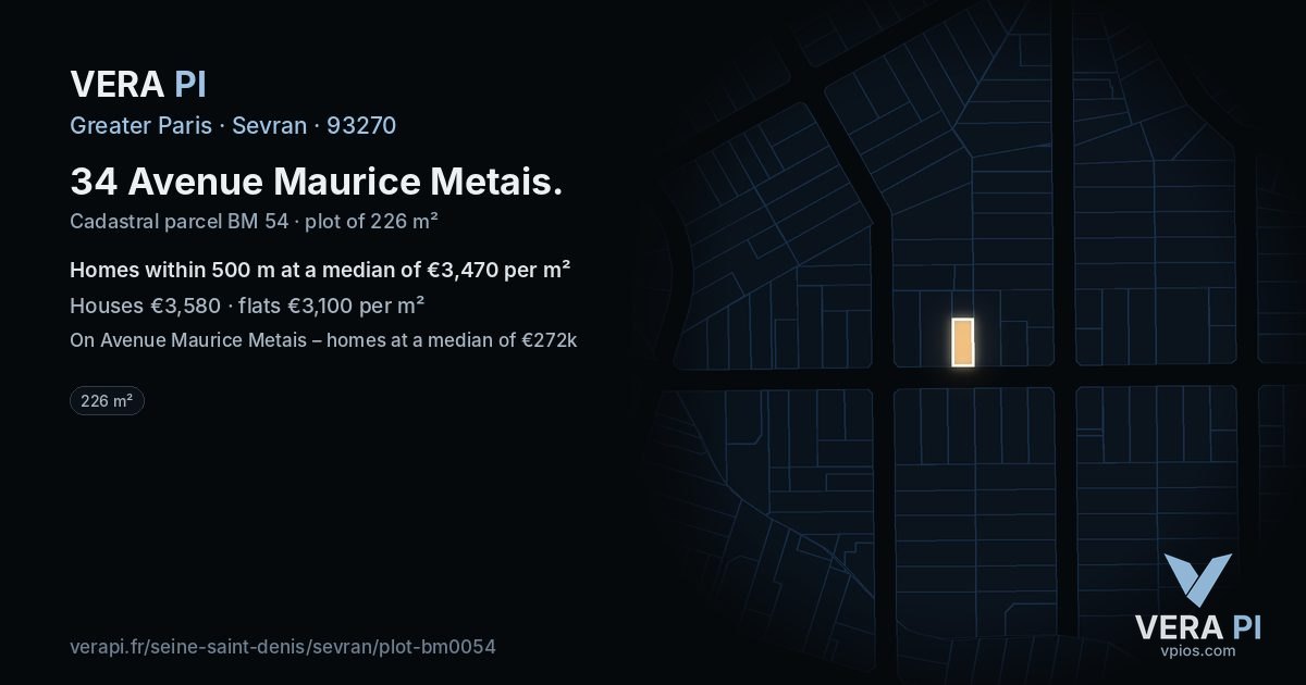 34 Avenue Maurice Metais, Sevran at night – the plot lit, the parcels around coloured by the prices near them