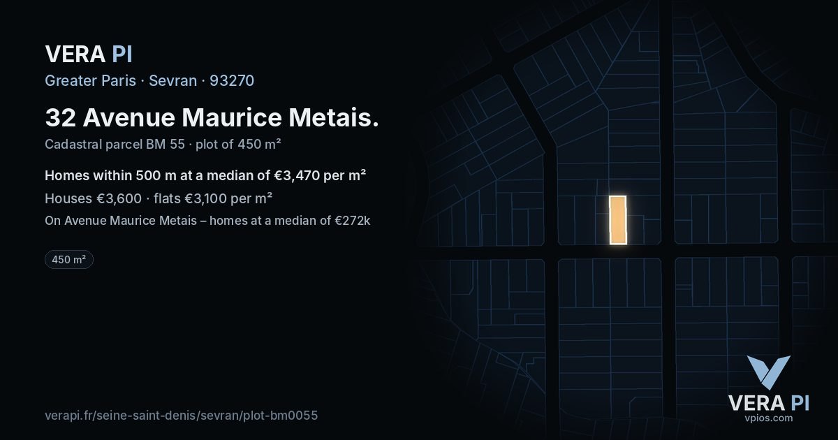 32 Avenue Maurice Metais, Sevran at night – the plot lit, the parcels around coloured by the prices near them