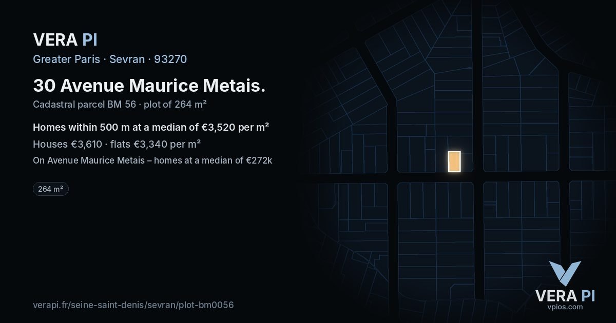30 Avenue Maurice Metais, Sevran at night – the plot lit, the parcels around coloured by the prices near them
