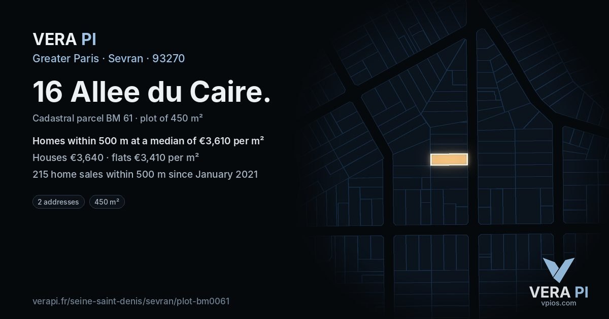 16 Allee du Caire, Sevran at night – the plot lit, the parcels around coloured by the prices near them