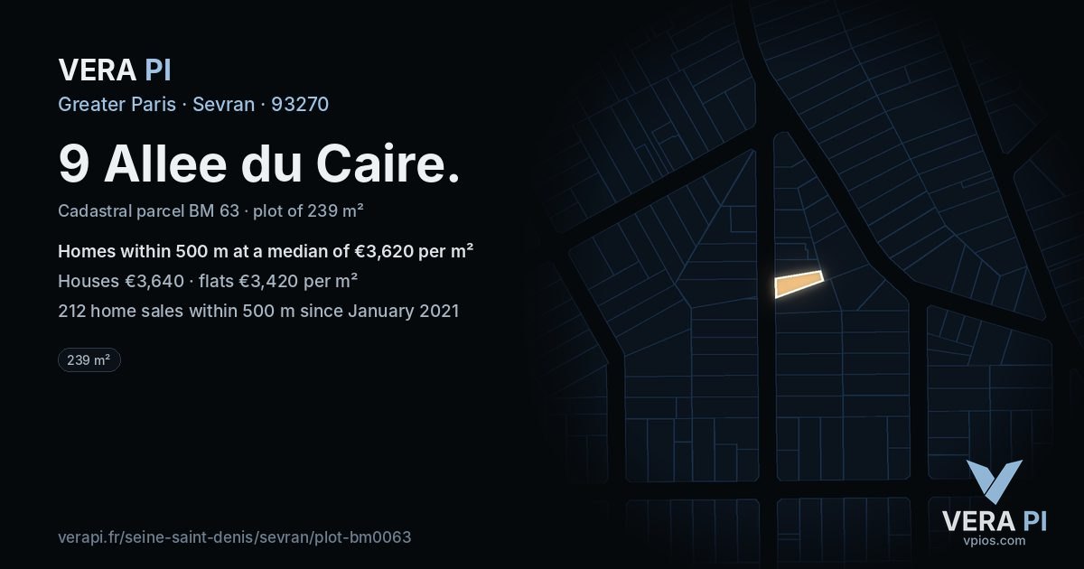 9 Allee du Caire, Sevran at night – the plot lit, the parcels around coloured by the prices near them