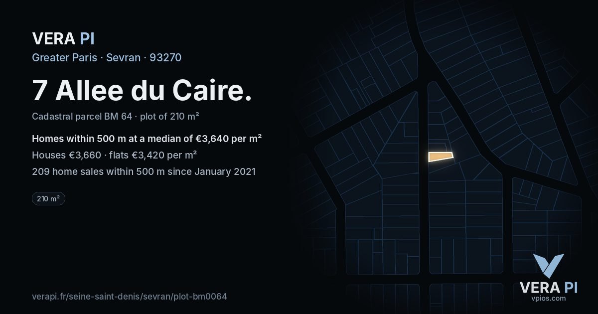 7 Allee du Caire, Sevran at night – the plot lit, the parcels around coloured by the prices near them