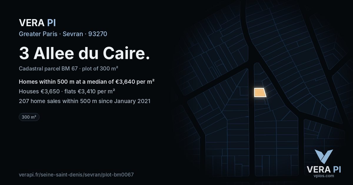 3 Allee du Caire, Sevran at night – the plot lit, the parcels around coloured by the prices near them