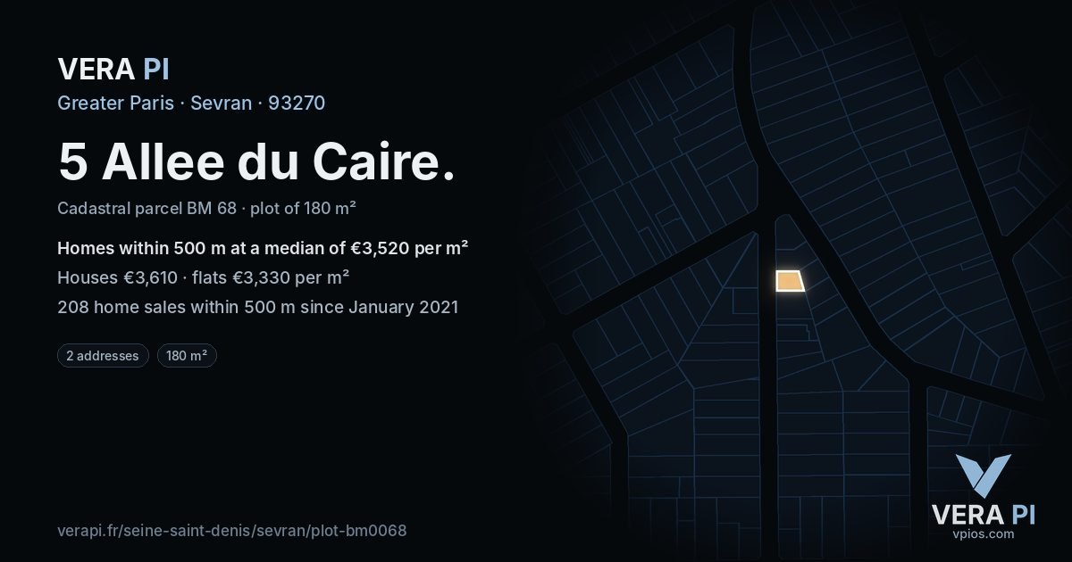 5 Allee du Caire, Sevran at night – the plot lit, the parcels around coloured by the prices near them