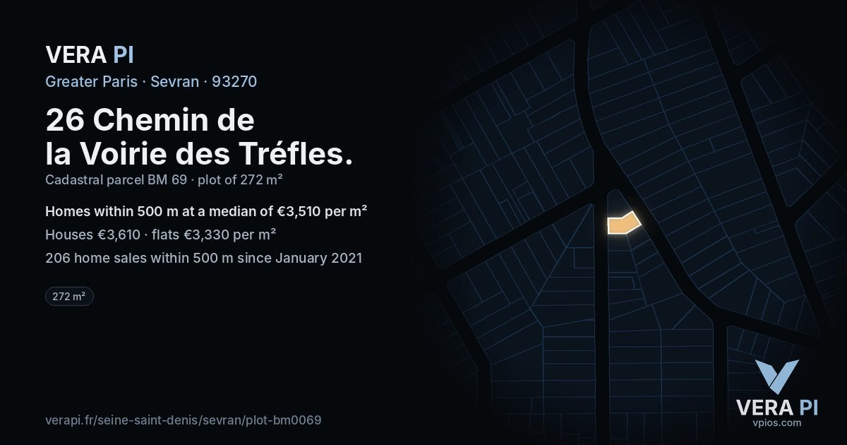 26 Chemin de la Voirie des Tréfles, Sevran at night – the plot lit, the parcels around coloured by the prices near them
