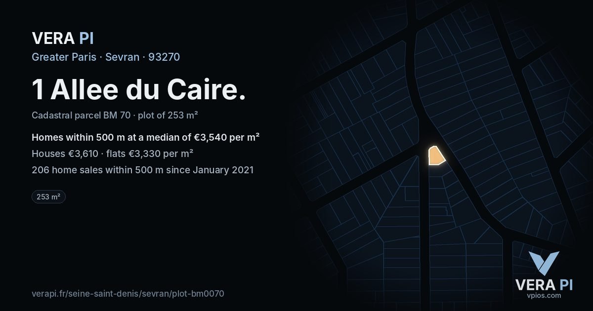 1 Allee du Caire, Sevran at night – the plot lit, the parcels around coloured by the prices near them