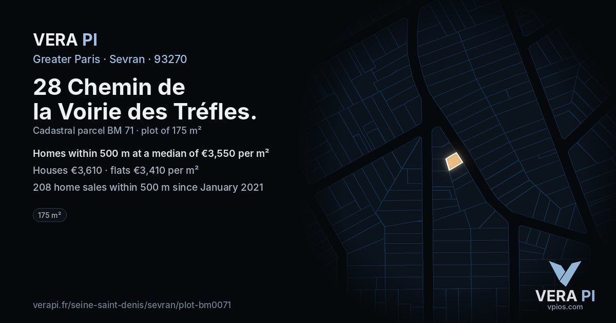 28 Chemin de la Voirie des Tréfles, Sevran at night – the plot lit, the parcels around coloured by the prices near them