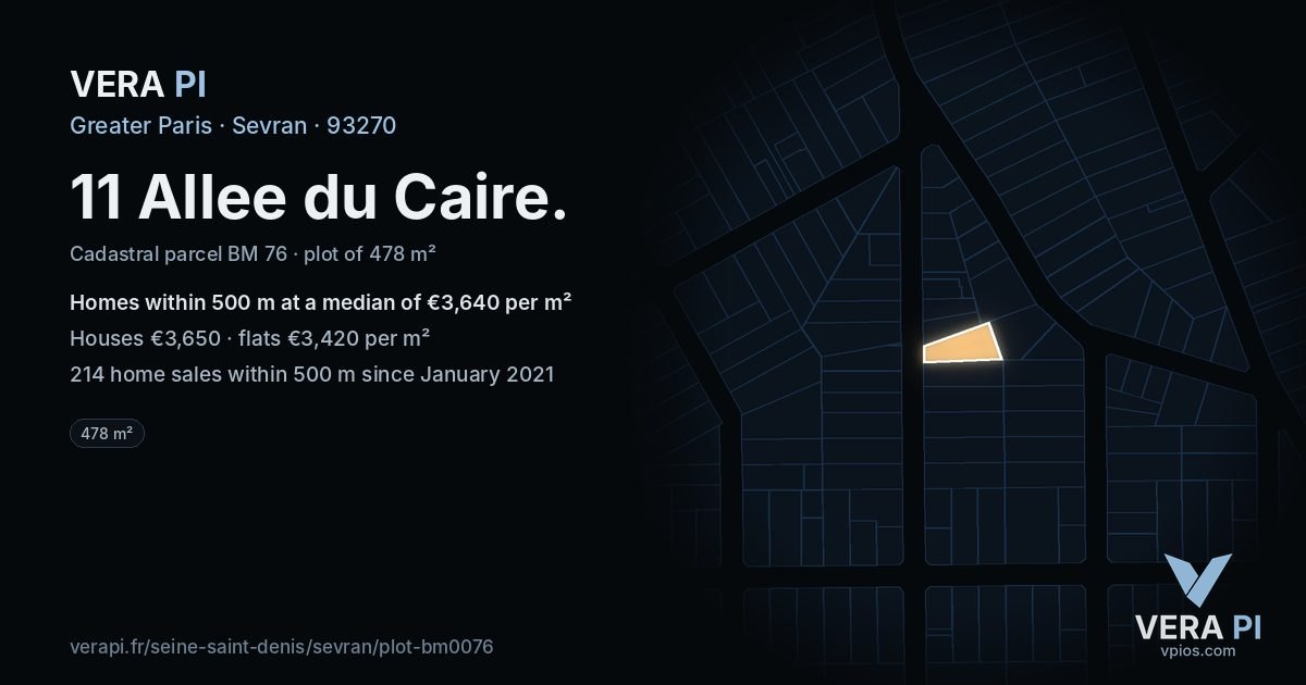 11 Allee du Caire, Sevran at night – the plot lit, the parcels around coloured by the prices near them