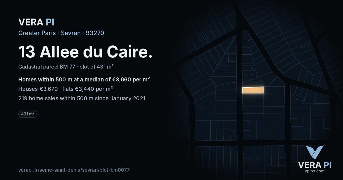 13 Allee du Caire, Sevran at night – the plot lit, the parcels around coloured by the prices near them