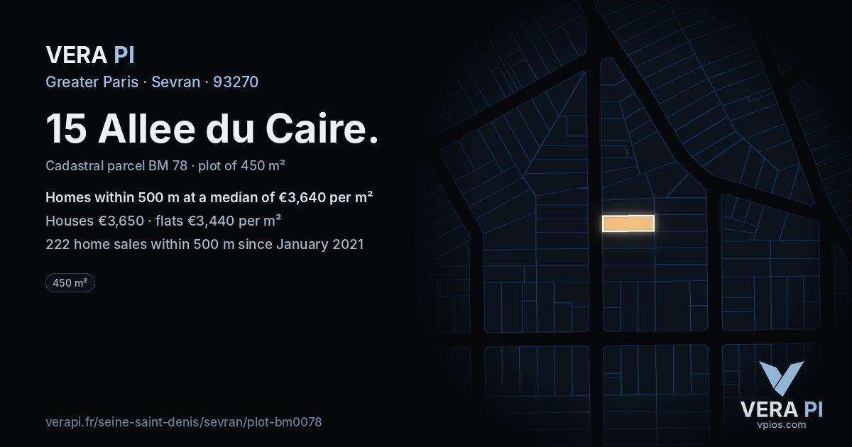 15 Allee du Caire, Sevran at night – the plot lit, the parcels around coloured by the prices near them
