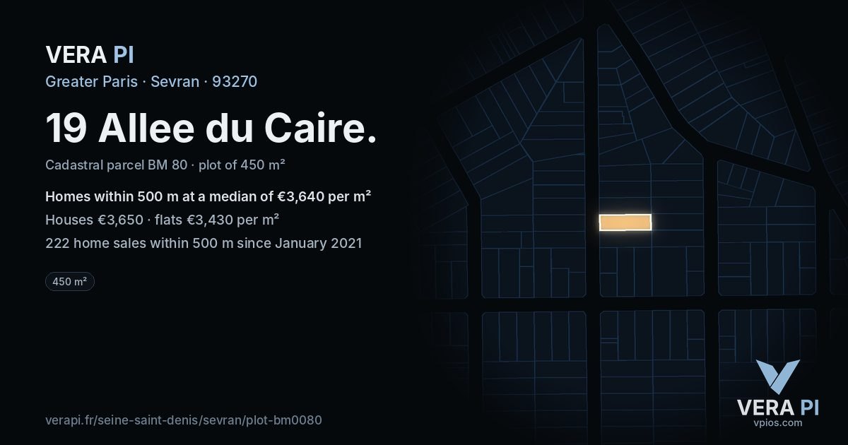 19 Allee du Caire, Sevran at night – the plot lit, the parcels around coloured by the prices near them