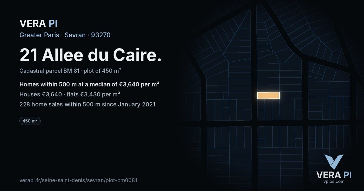 21 Allee du Caire, Sevran at night – the plot lit, the parcels around coloured by the prices near them