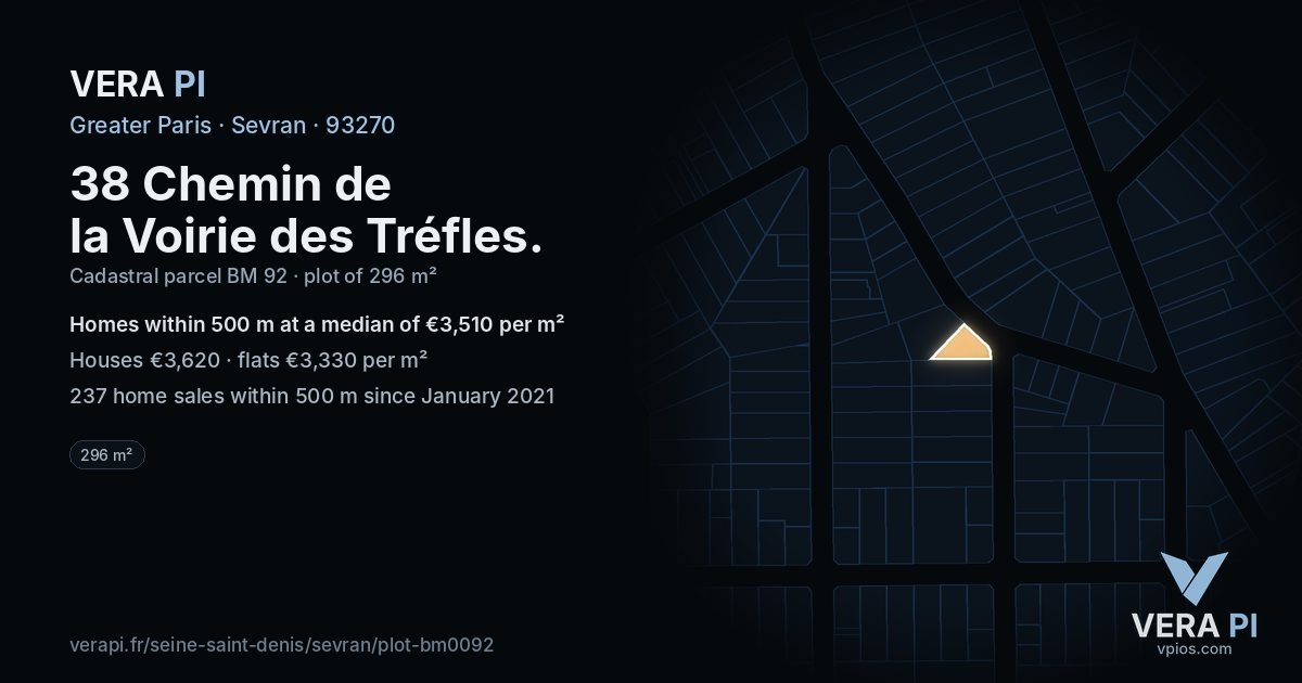 38 Chemin de la Voirie des Tréfles, Sevran at night – the plot lit, the parcels around coloured by the prices near them