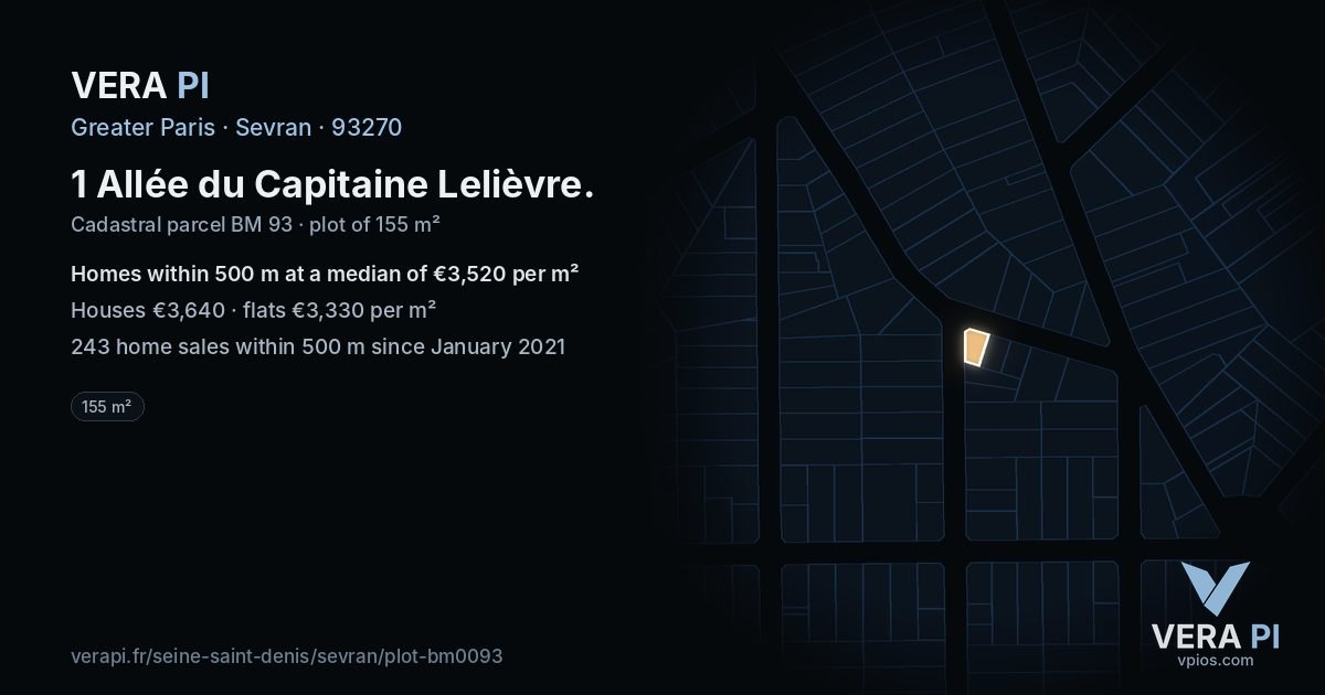 1 Allée du Capitaine Lelièvre, Sevran at night – the plot lit, the parcels around coloured by the prices near them