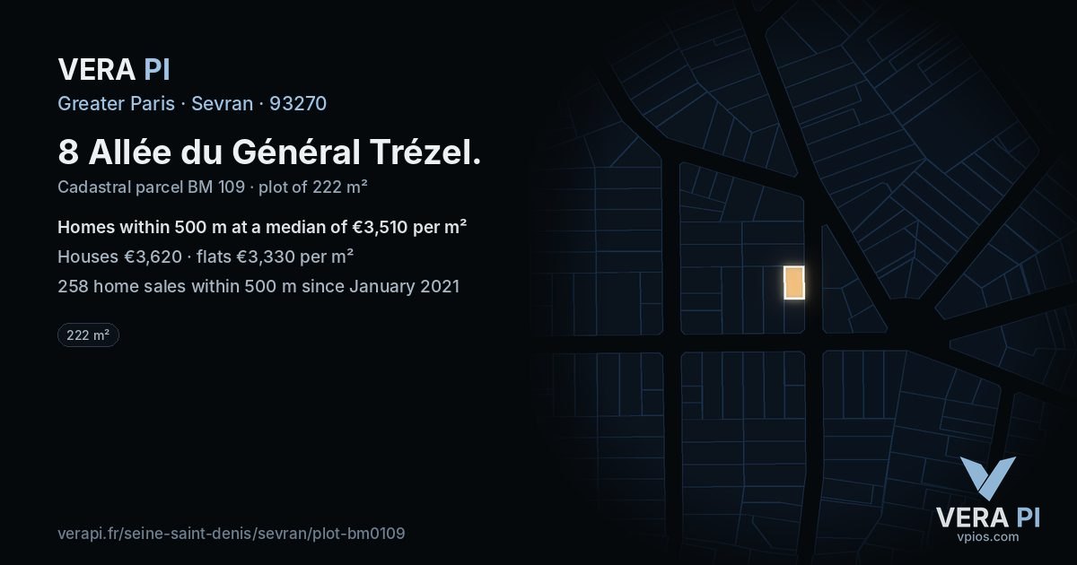 8 Allée du Général Trézel, Sevran at night – the plot lit, the parcels around coloured by the prices near them