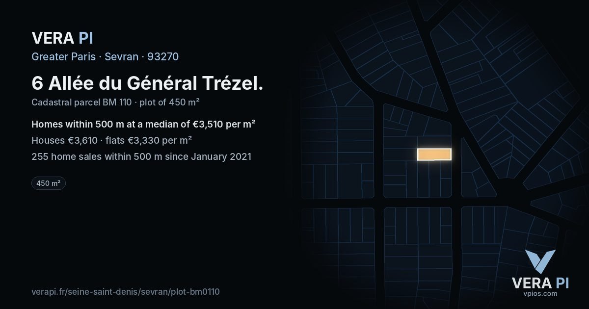 6 Allée du Général Trézel, Sevran at night – the plot lit, the parcels around coloured by the prices near them