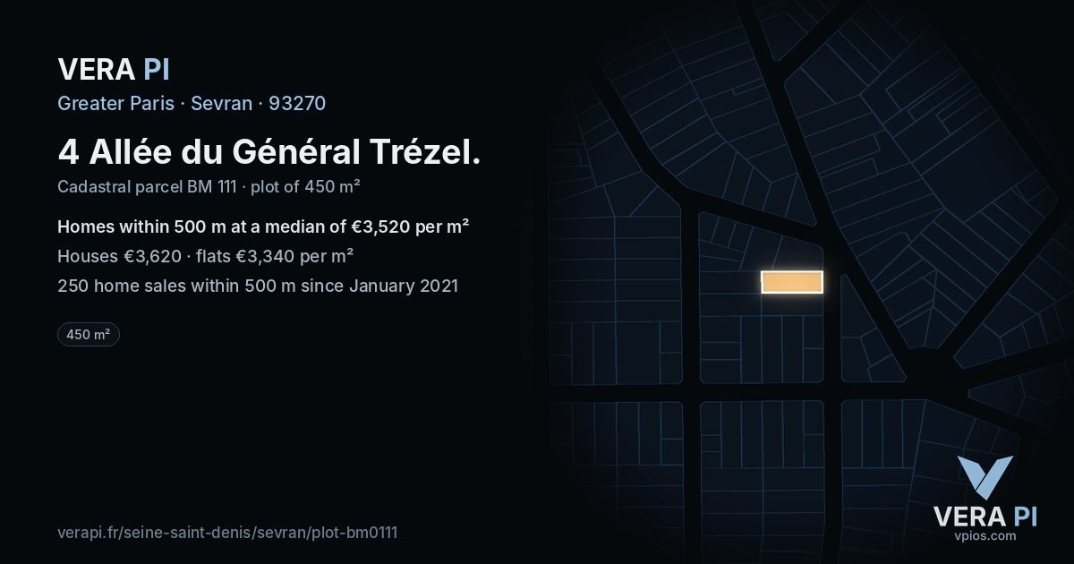 4 Allée du Général Trézel, Sevran at night – the plot lit, the parcels around coloured by the prices near them