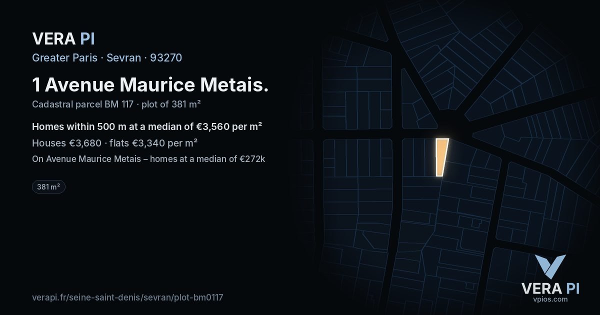 1 Avenue Maurice Metais, Sevran at night – the plot lit, the parcels around coloured by the prices near them