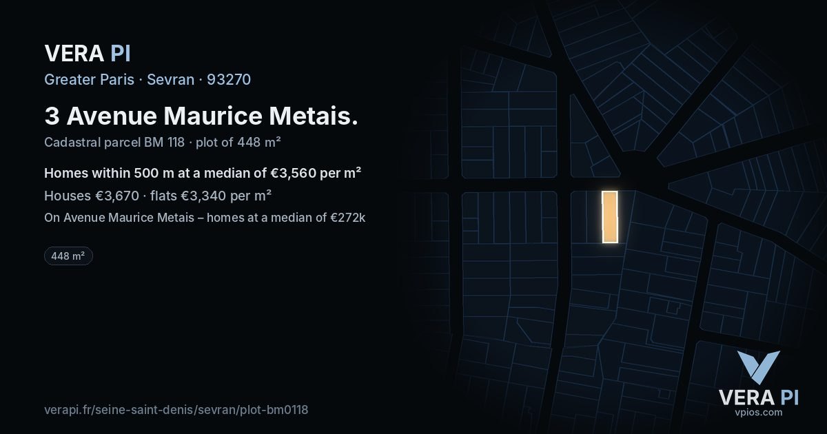 3 Avenue Maurice Metais, Sevran at night – the plot lit, the parcels around coloured by the prices near them