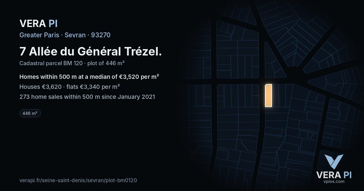 7 Allée du Général Trézel, Sevran at night – the plot lit, the parcels around coloured by the prices near them