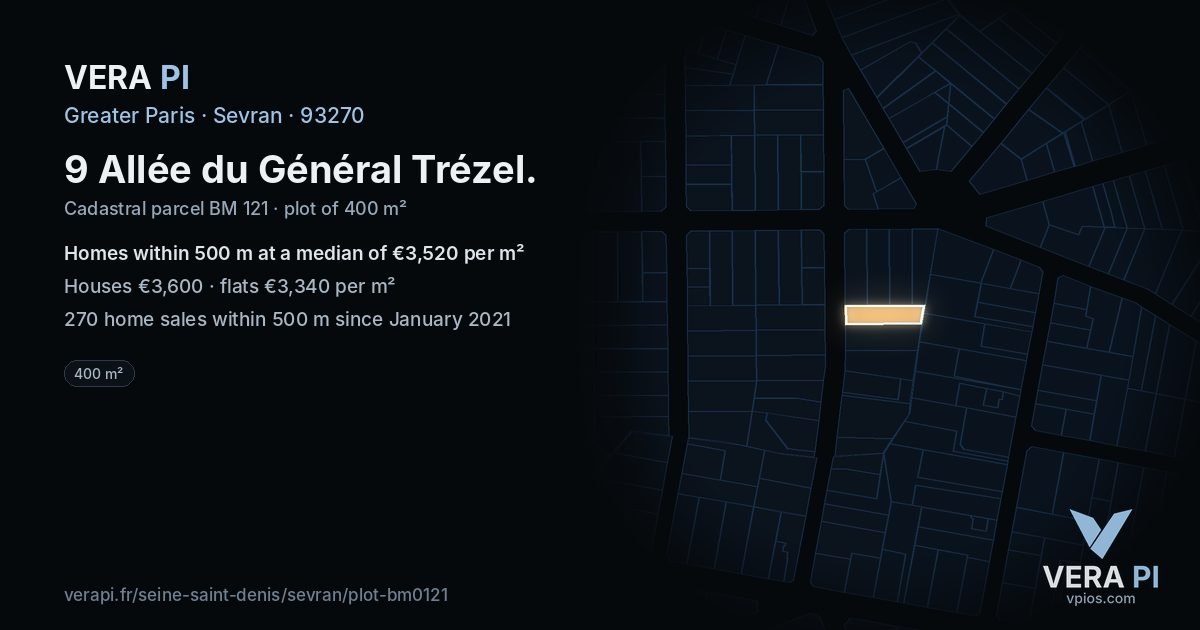 9 Allée du Général Trézel, Sevran at night – the plot lit, the parcels around coloured by the prices near them