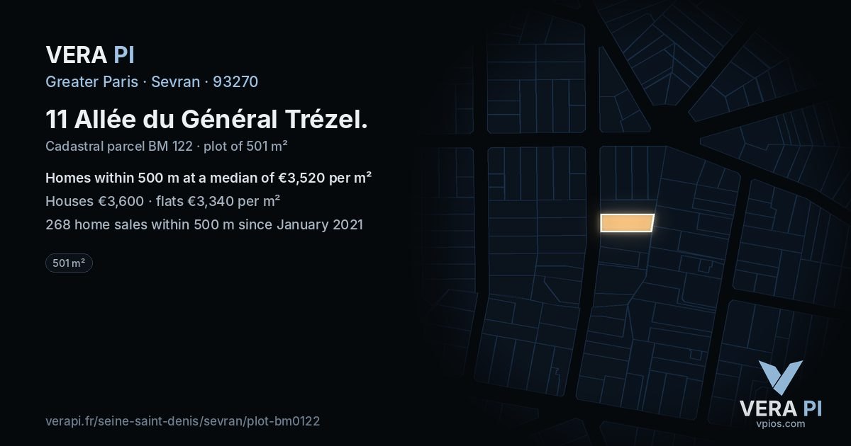 11 Allée du Général Trézel, Sevran at night – the plot lit, the parcels around coloured by the prices near them