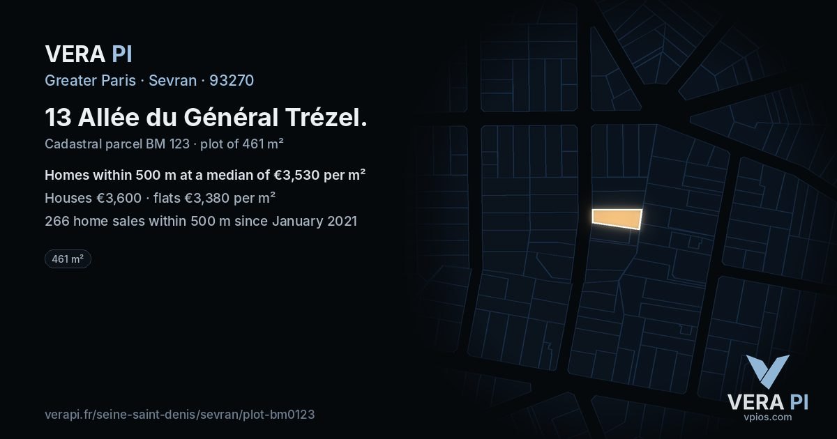 13 Allée du Général Trézel, Sevran at night – the plot lit, the parcels around coloured by the prices near them