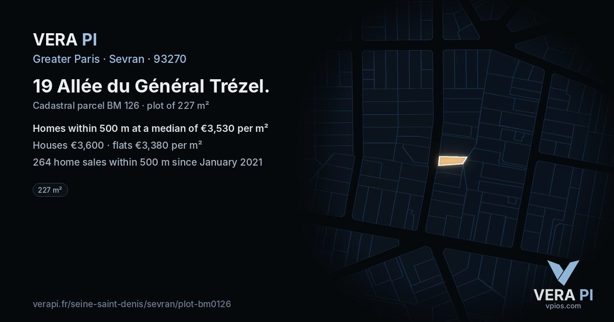 19 Allée du Général Trézel, Sevran at night – the plot lit, the parcels around coloured by the prices near them