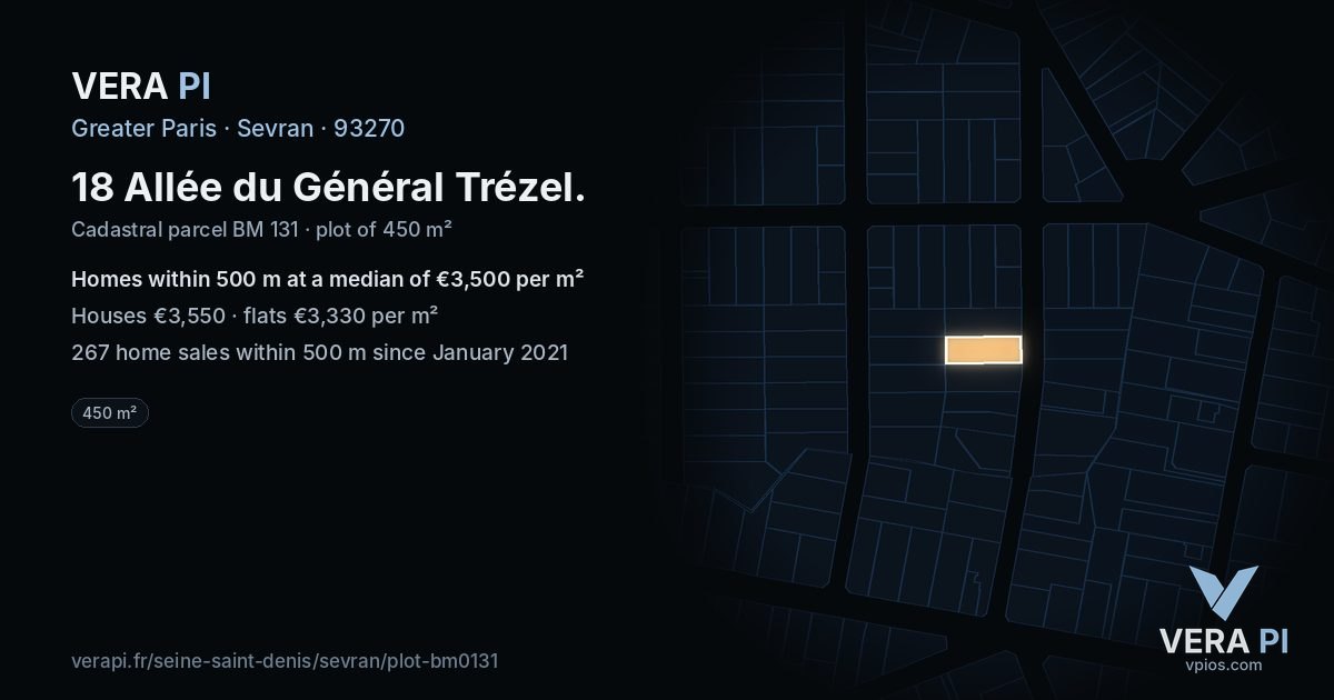 18 Allée du Général Trézel, Sevran at night – the plot lit, the parcels around coloured by the prices near them