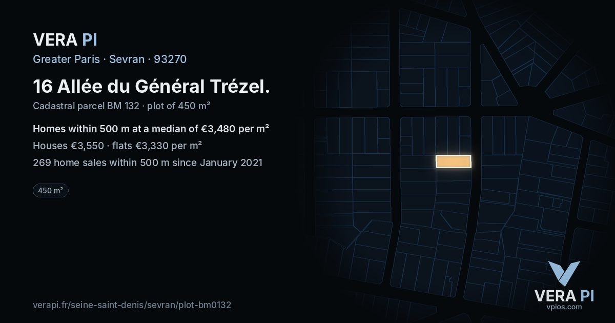 16 Allée du Général Trézel, Sevran at night – the plot lit, the parcels around coloured by the prices near them