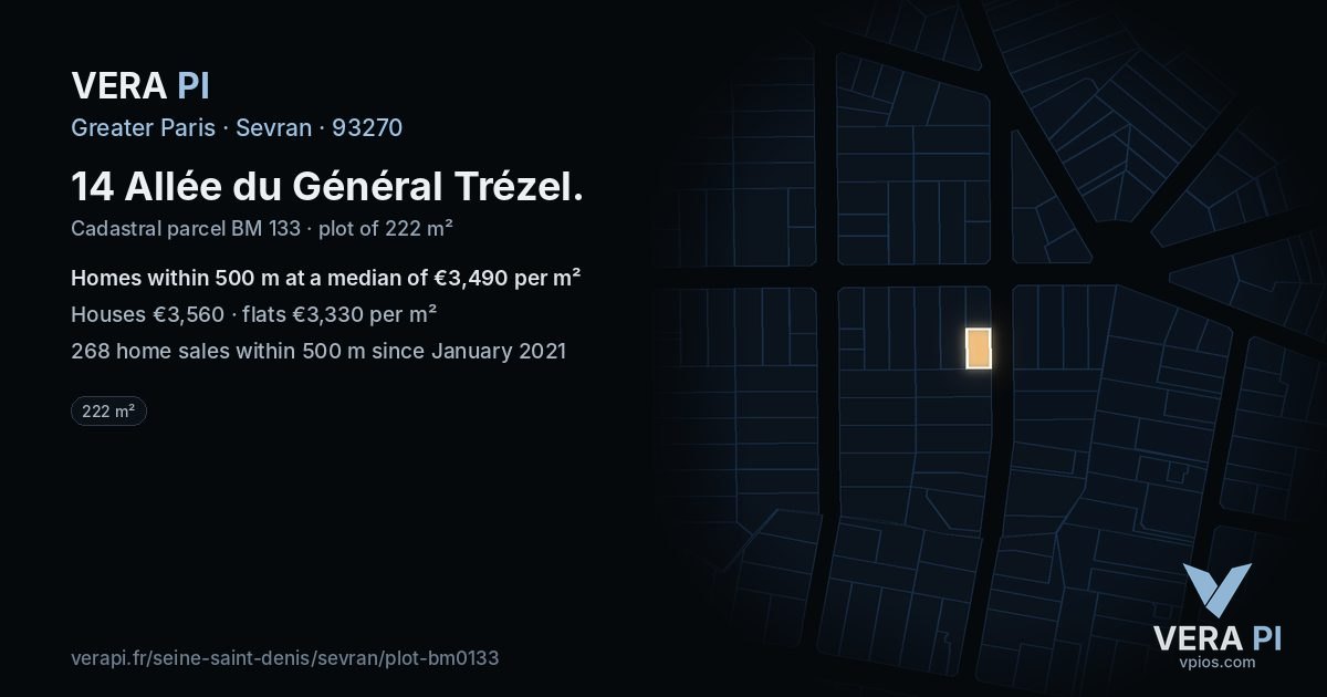 14 Allée du Général Trézel, Sevran at night – the plot lit, the parcels around coloured by the prices near them