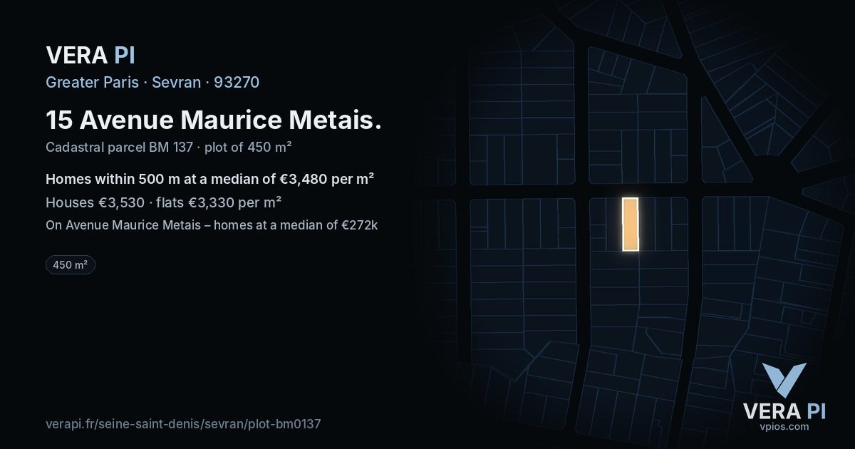15 Avenue Maurice Metais, Sevran at night – the plot lit, the parcels around coloured by the prices near them