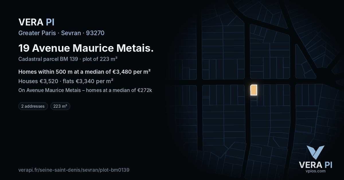 19 Avenue Maurice Metais, Sevran at night – the plot lit, the parcels around coloured by the prices near them