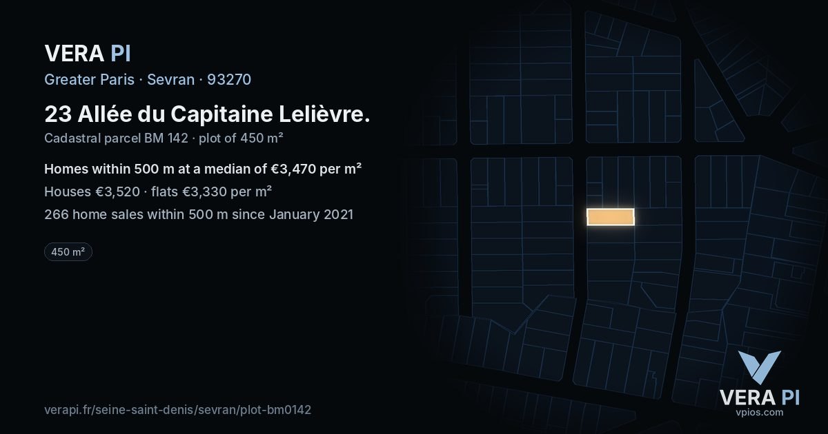 23 Allée du Capitaine Lelièvre, Sevran at night – the plot lit, the parcels around coloured by the prices near them