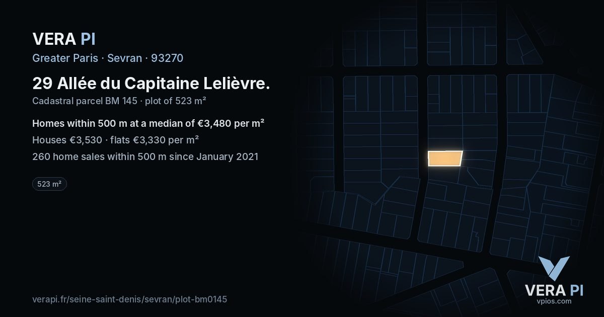 29 Allée du Capitaine Lelièvre, Sevran at night – the plot lit, the parcels around coloured by the prices near them