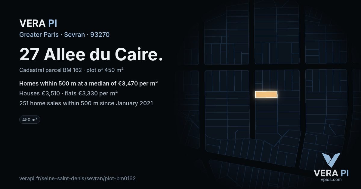 27 Allee du Caire, Sevran at night – the plot lit, the parcels around coloured by the prices near them