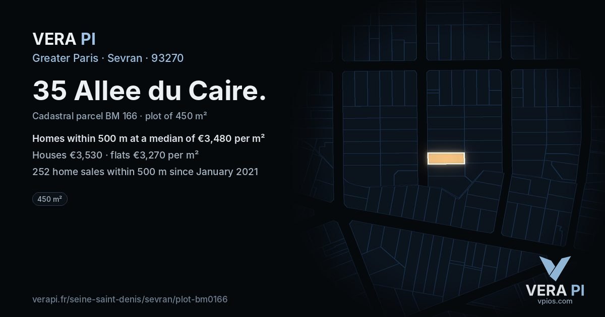 35 Allee du Caire, Sevran at night – the plot lit, the parcels around coloured by the prices near them
