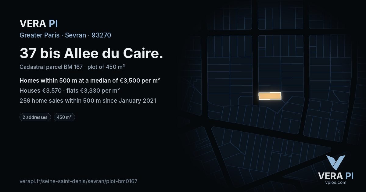 37 bis Allee du Caire, Sevran at night – the plot lit, the parcels around coloured by the prices near them