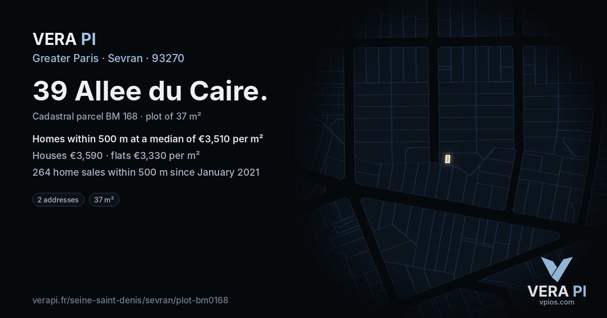 39 Allee du Caire, Sevran at night – the plot lit, the parcels around coloured by the prices near them