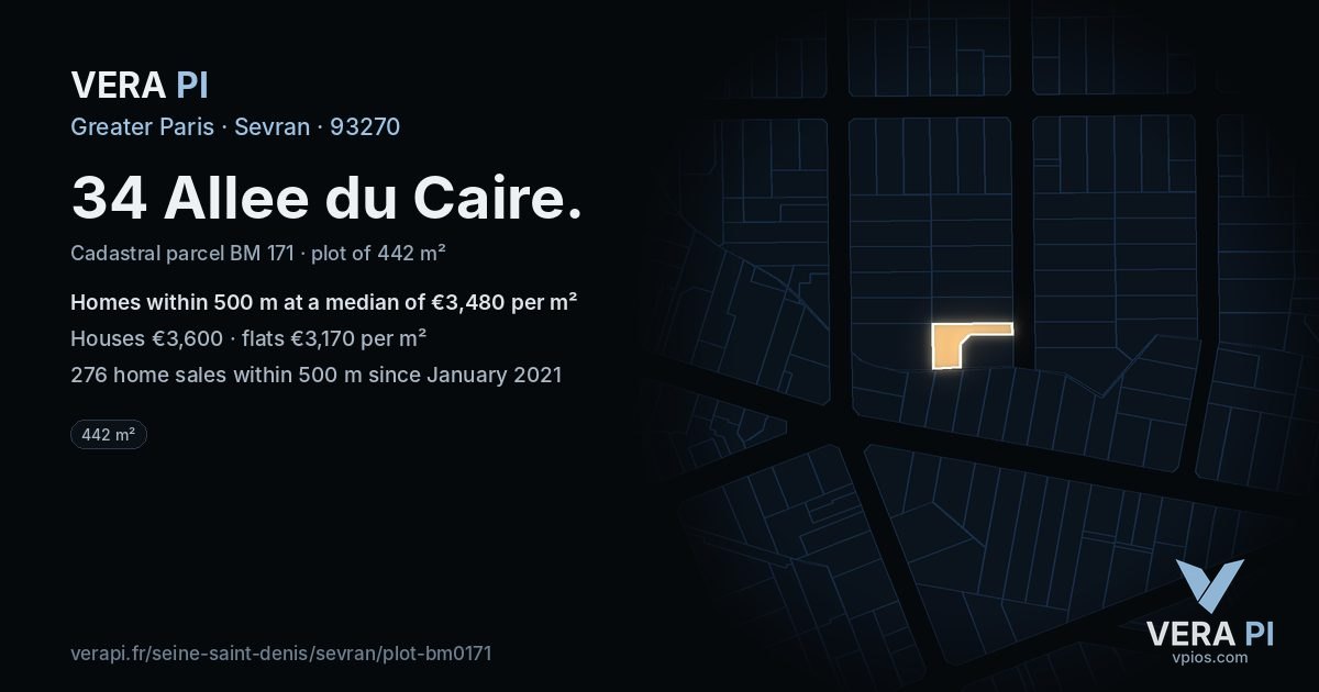 34 Allee du Caire, Sevran at night – the plot lit, the parcels around coloured by the prices near them