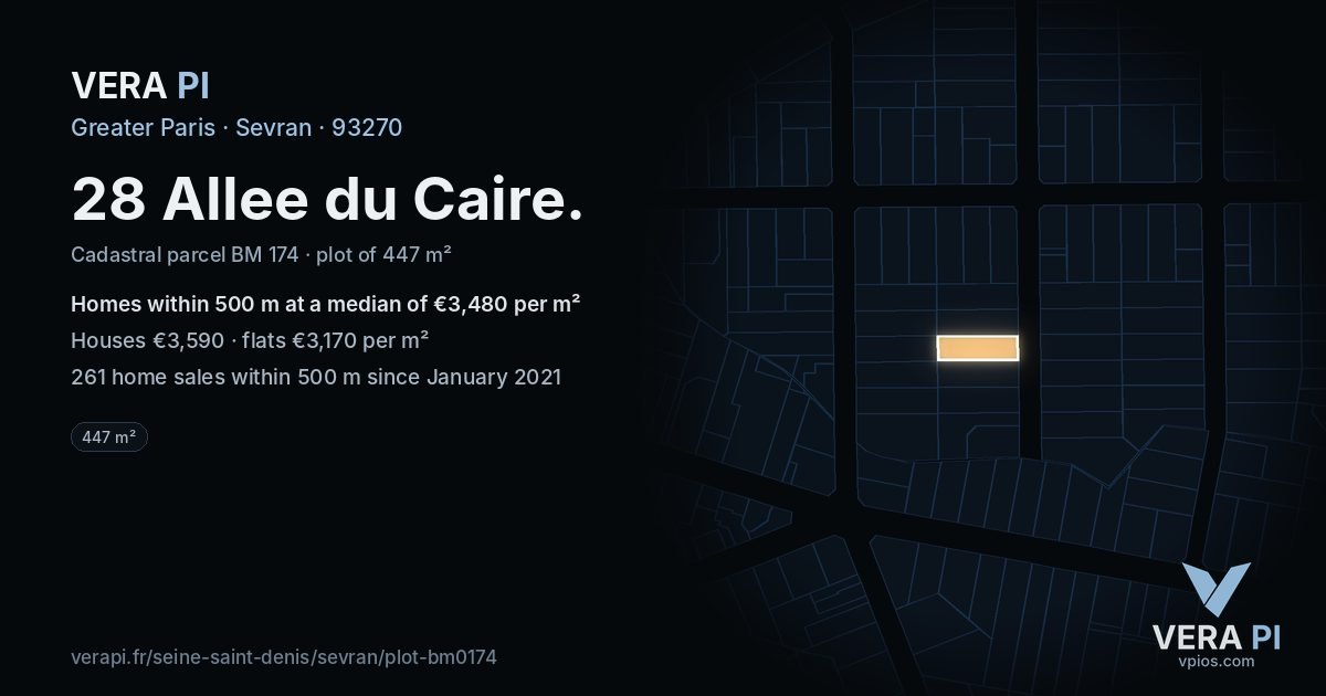 28 Allee du Caire, Sevran at night – the plot lit, the parcels around coloured by the prices near them