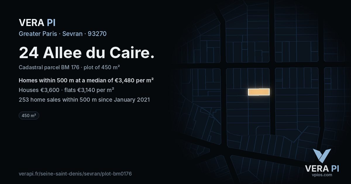 24 Allee du Caire, Sevran at night – the plot lit, the parcels around coloured by the prices near them