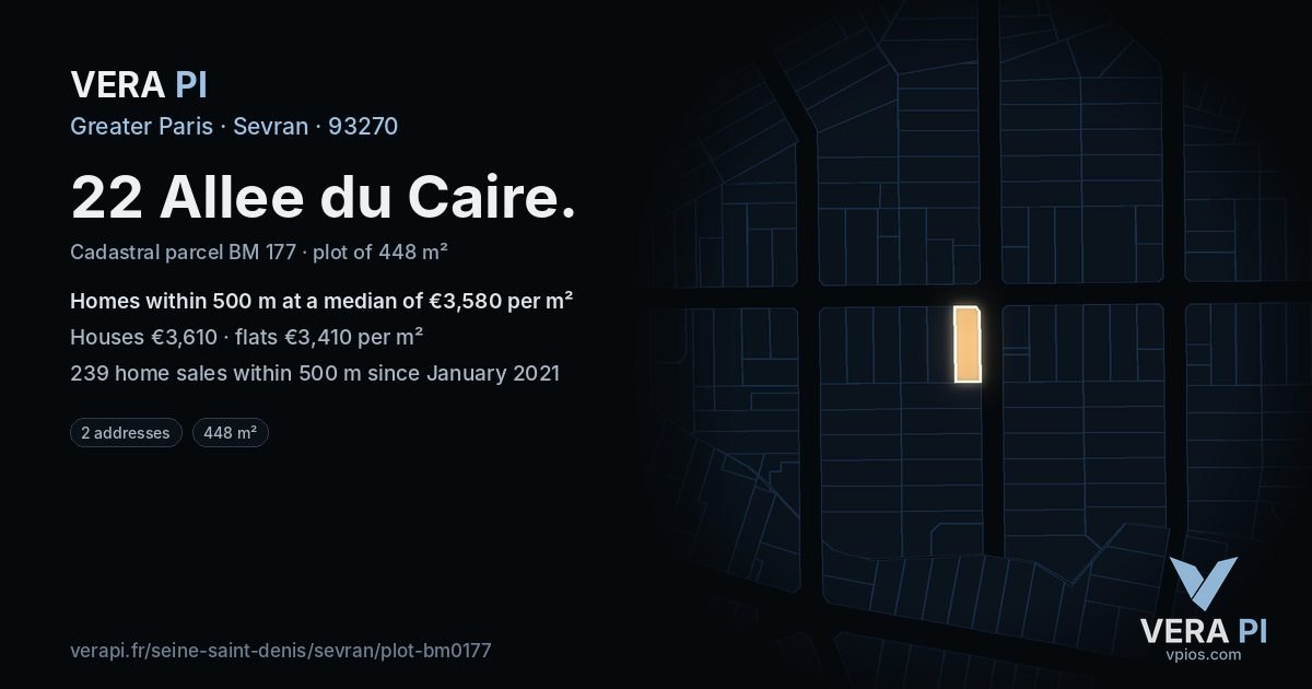 22 Allee du Caire, Sevran at night – the plot lit, the parcels around coloured by the prices near them